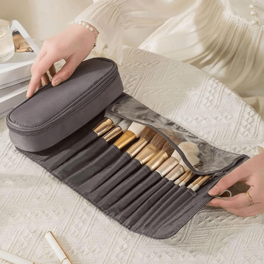 Trousse pour pinceau maquillage gris  pliable