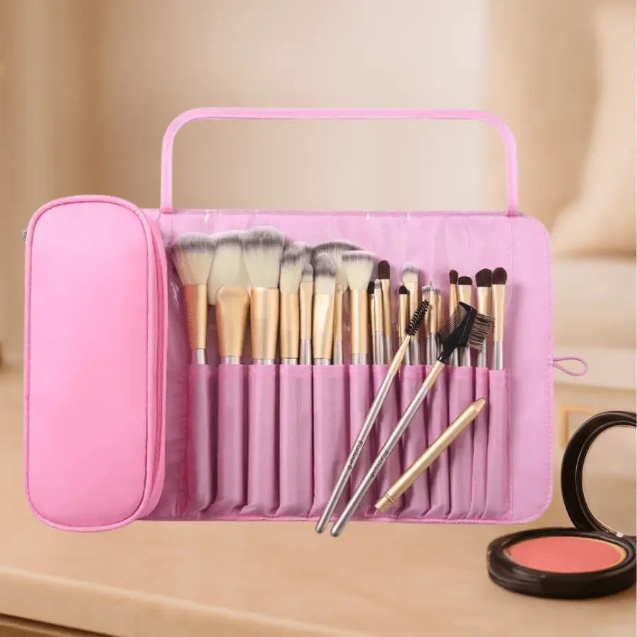 Trousse pour pinceau maquillage rose pliable