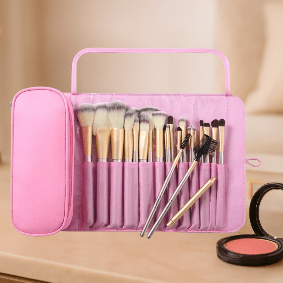 Trousse pour pinceau maquillage rose pliable