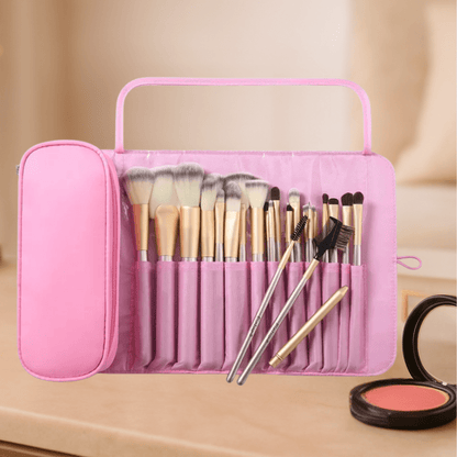 Trousse pour pinceau maquillage rose pliable
