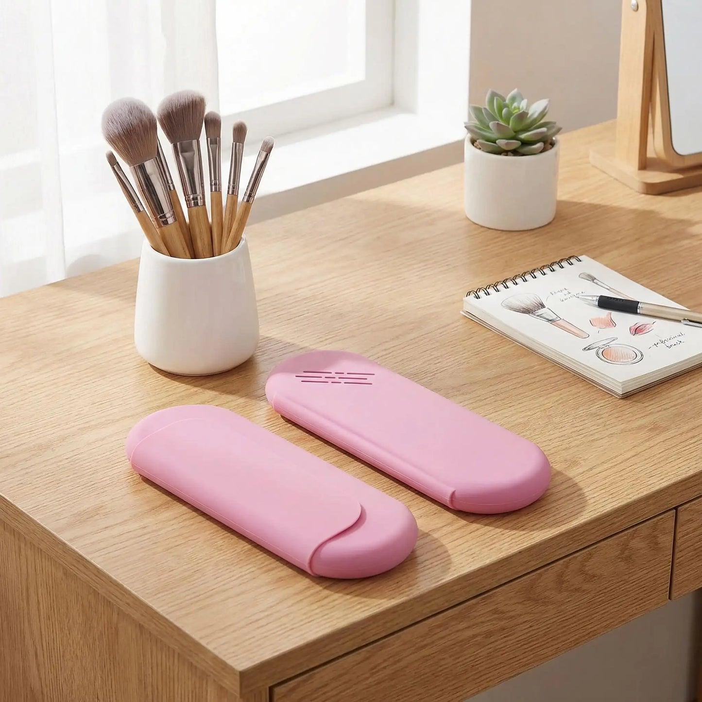 trousse pour pinceaux mquillage rose en silicone