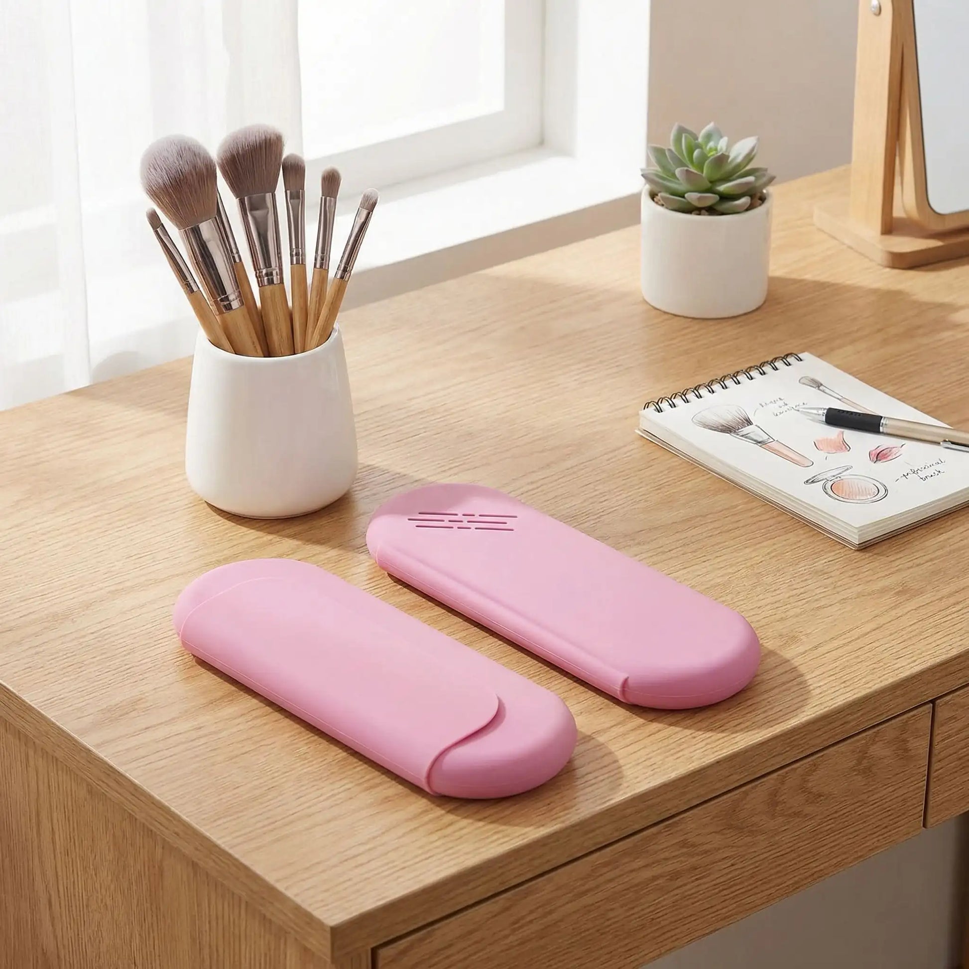 trousse pour pinceaux mquillage rose en silicone