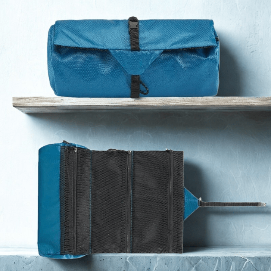 trousse toilette de voyage bleu enroulable