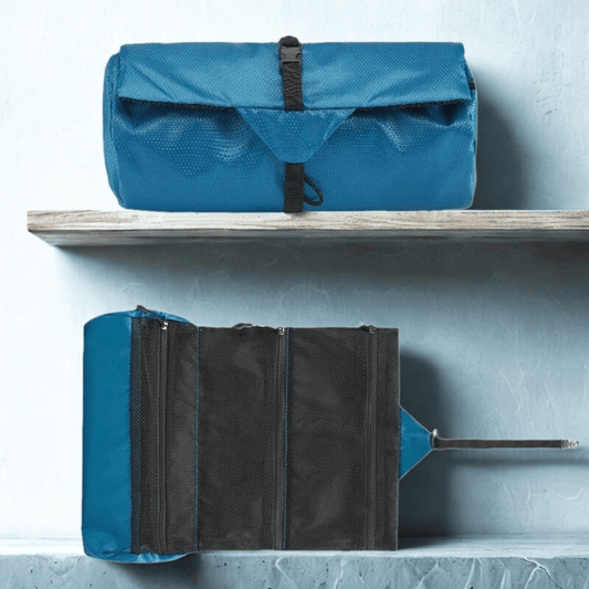 trousse toilette de voyage bleu enroulable