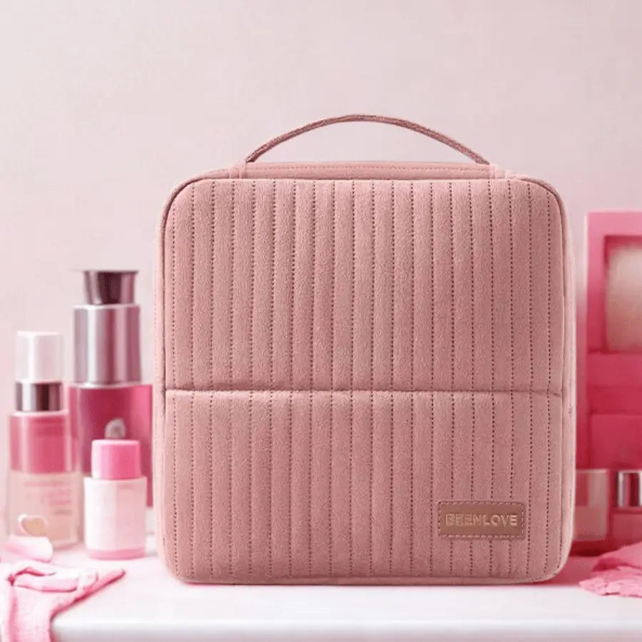 trousse voyage maquillage rose en velours