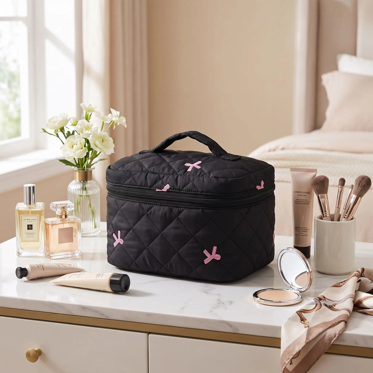 trousses de maquillage motif boucle rose avec poignée