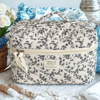 trousse de maquillage large fleur noir avec poignée dessus