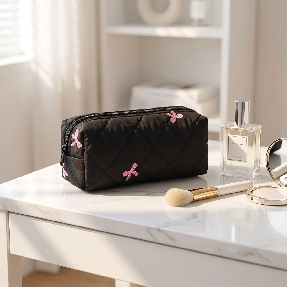trousses de maquillage allongé motif boucle rose