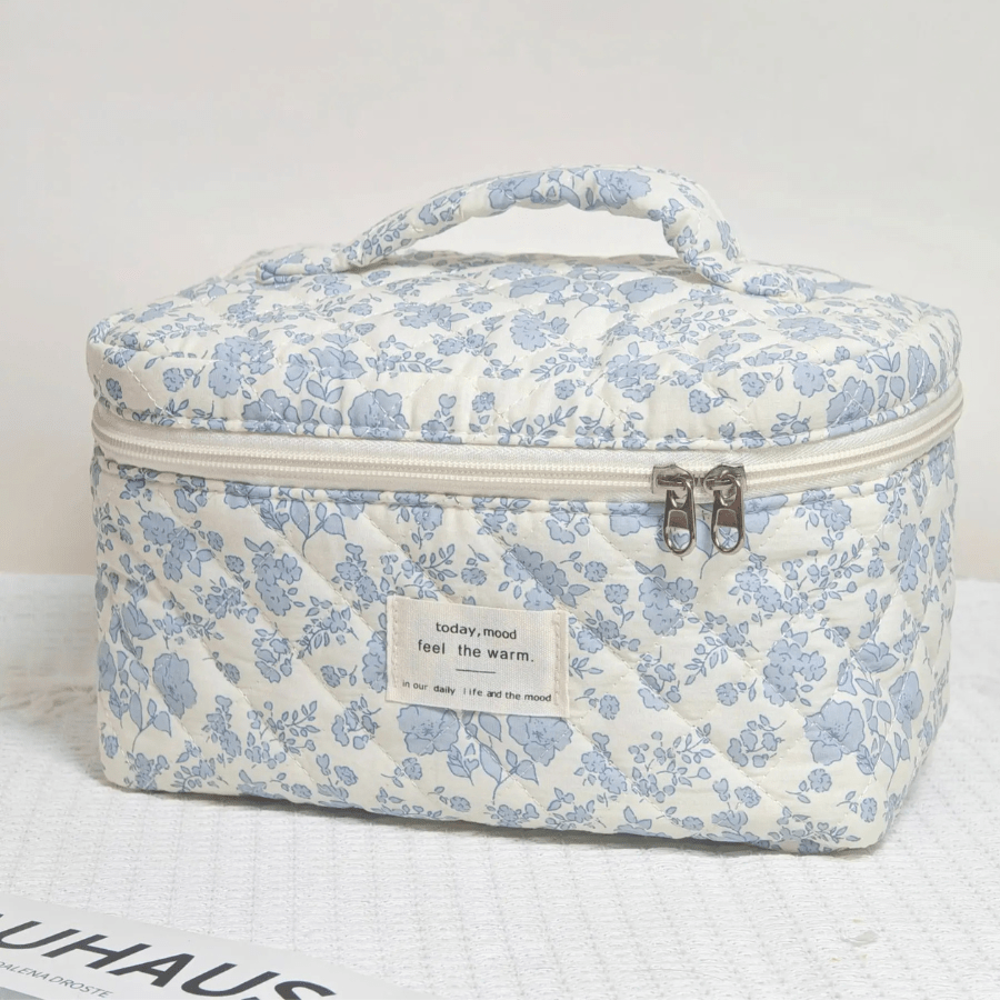 Trousse de maquillage bleu fleuri large