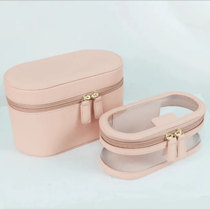 trousses de toilette voyage ensenble double rose format différent