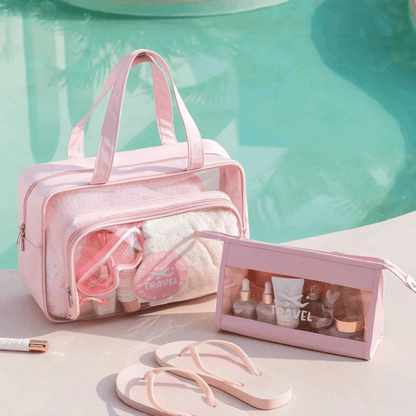 trousses de toilette voyage rose transparente