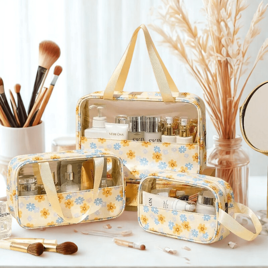 trousses de toilette voyage jaune motif fleurs