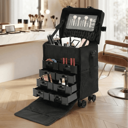 valise de maquillage professionnel noir avec compartiment et produits