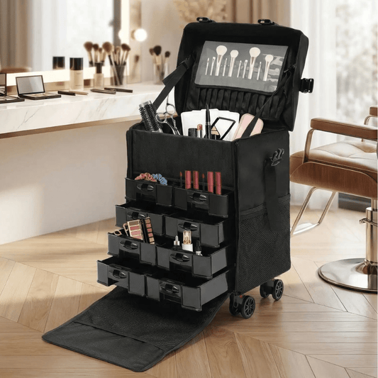 valise de maquillage professionnel noir avec compartiment et produits