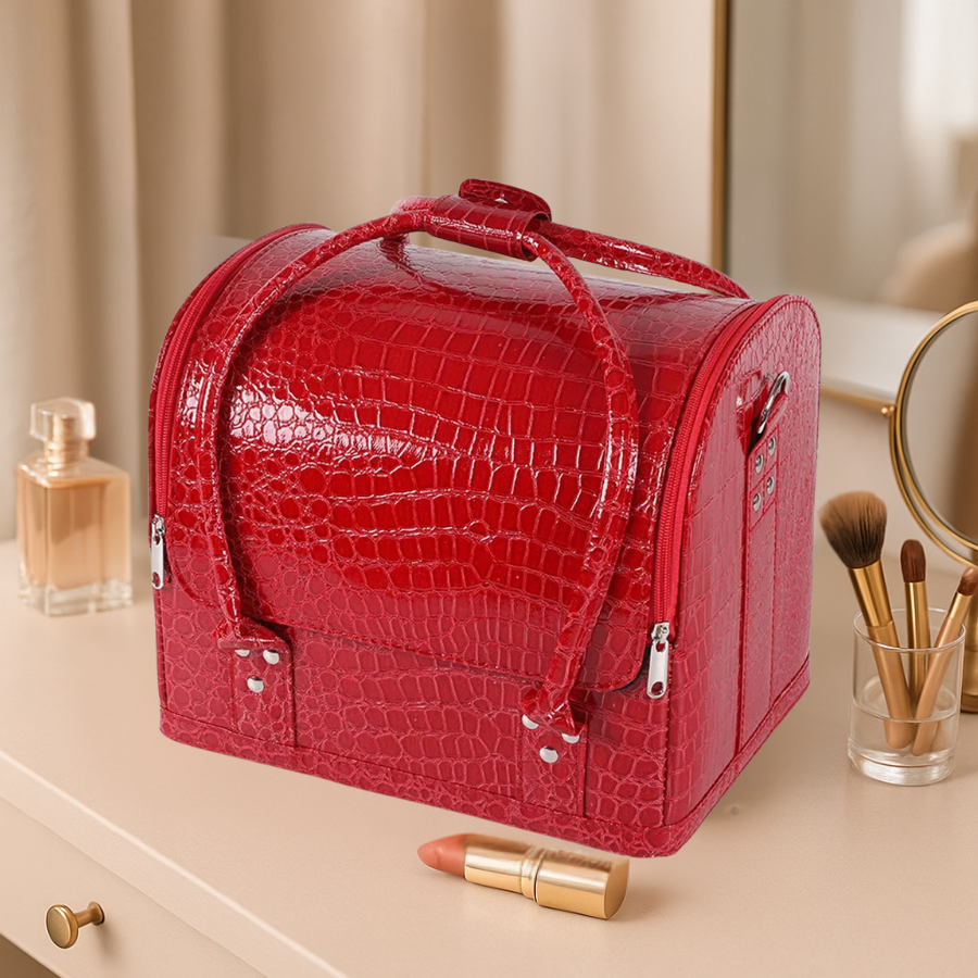 valise de maquillage rouge texturée crocrodile