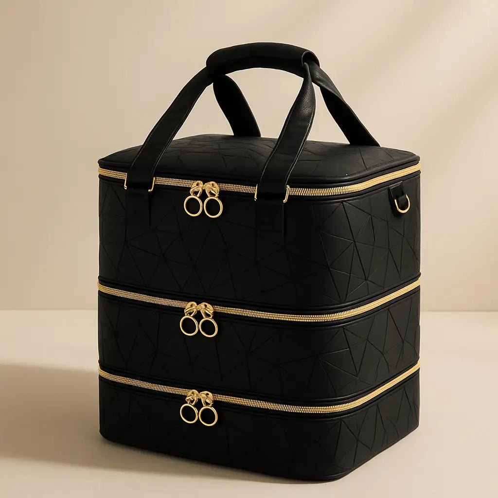 Valise maquillage professionnel noir fermeture éclair trois étages