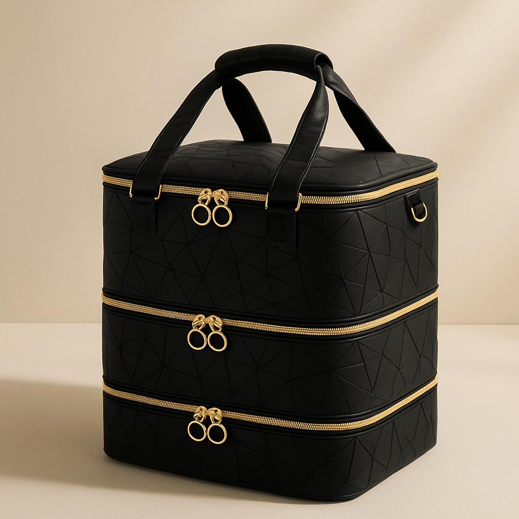 Valise maquillage professionnel noir fermeture éclair trois étages