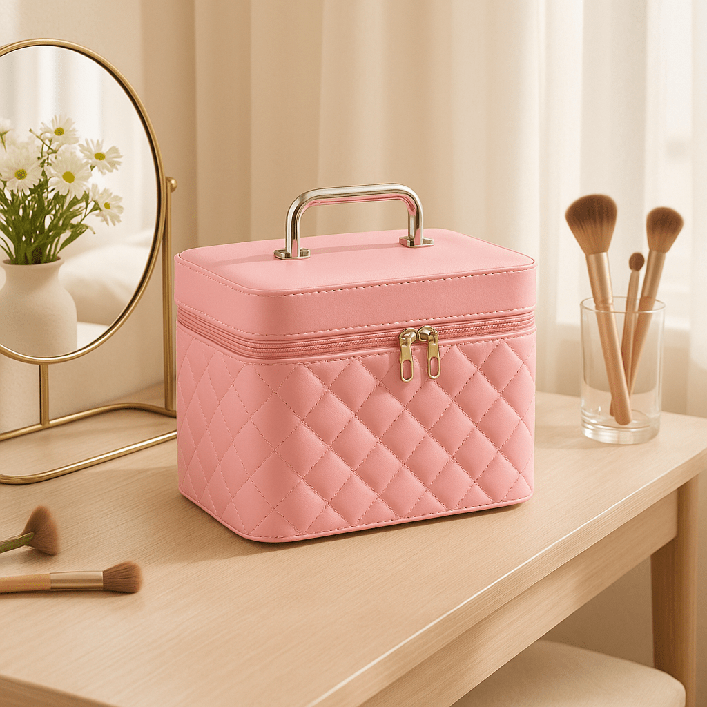 Valise maquillage professionnel rose matelassée
