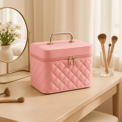 Valise maquillage professionnel rose matelassée