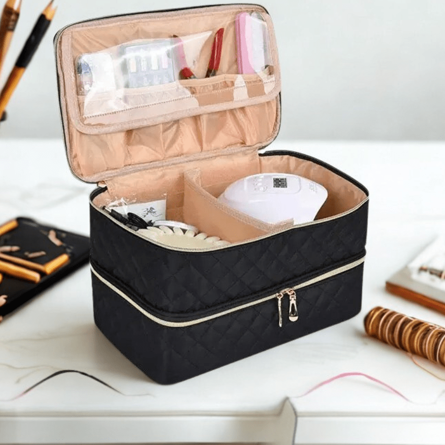 Valise maquillage professionnel noir grande ouverture sur le dessus