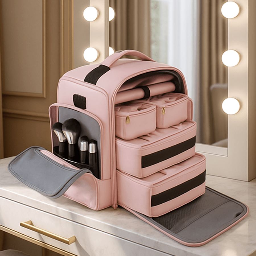 Valise maquillage professionnel rose avec boitier de rangement intérieur