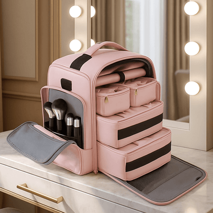 Valise maquillage professionnel rose avec boitier de rangement intérieur