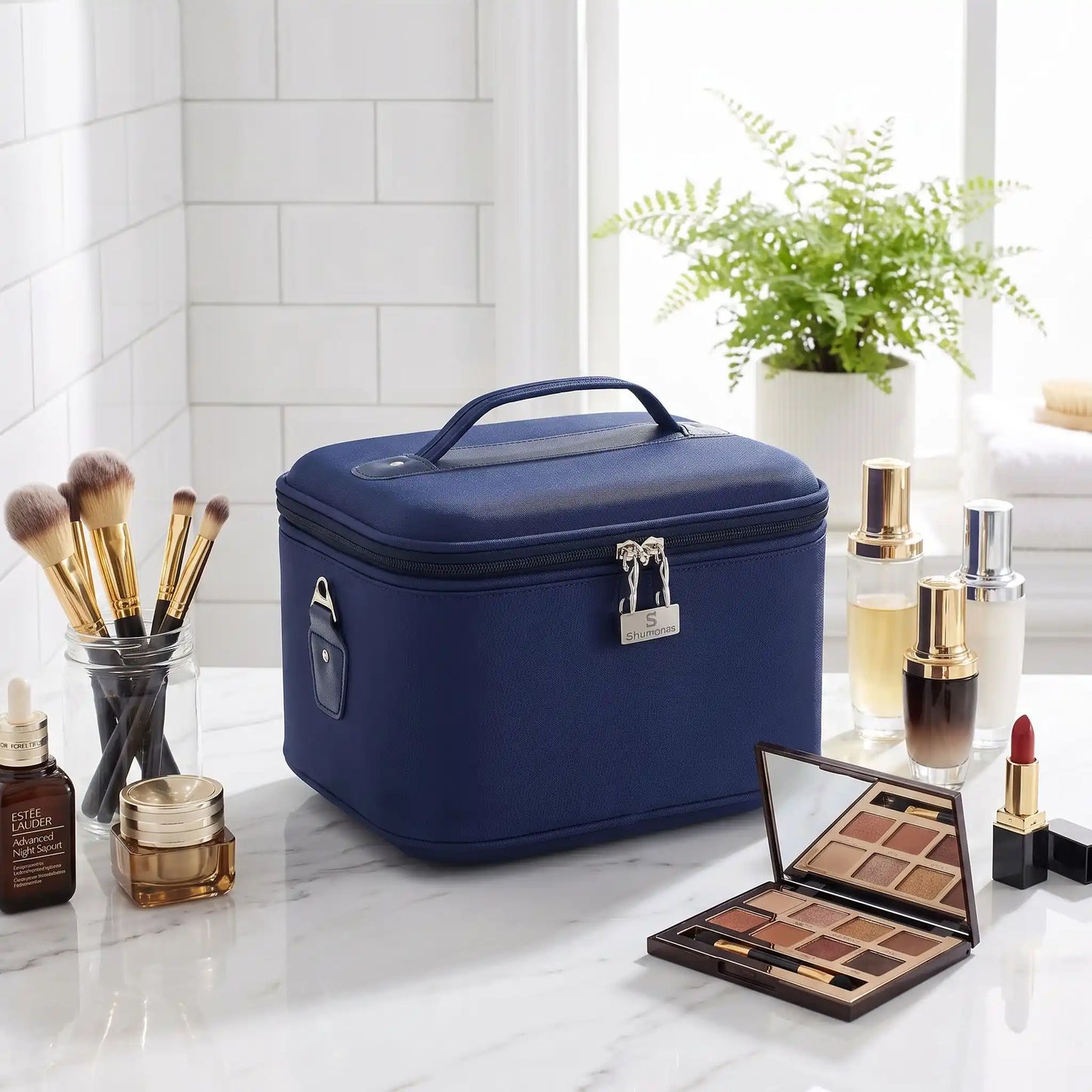vanity cadr rigide bleu bureau de cosmétique