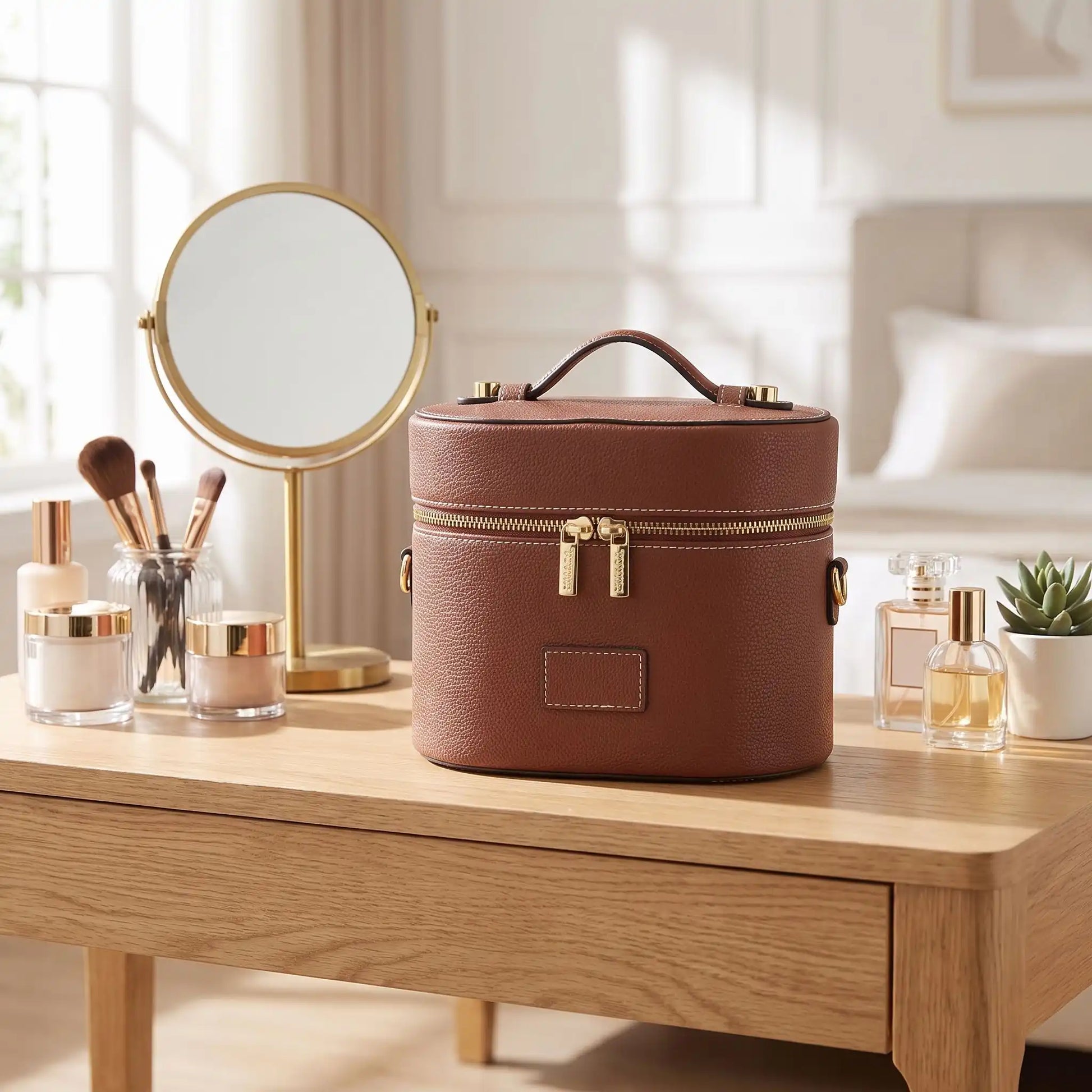 vanity case en cuir marron sur bureau cosmétique