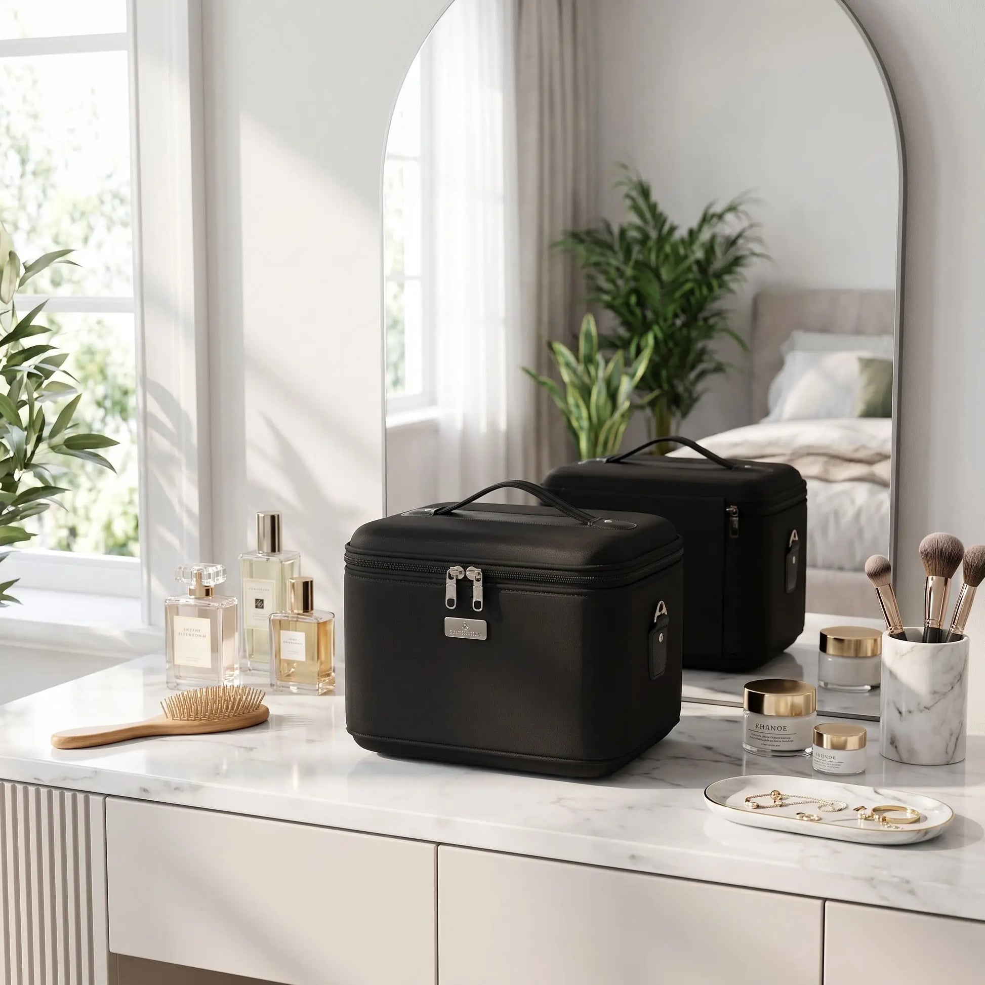 vanity case noir rigide sur bureau de cosmétique