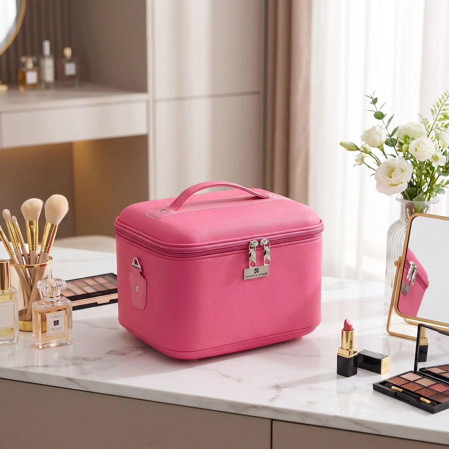 vanity case rose sur un bureau de cosmétique