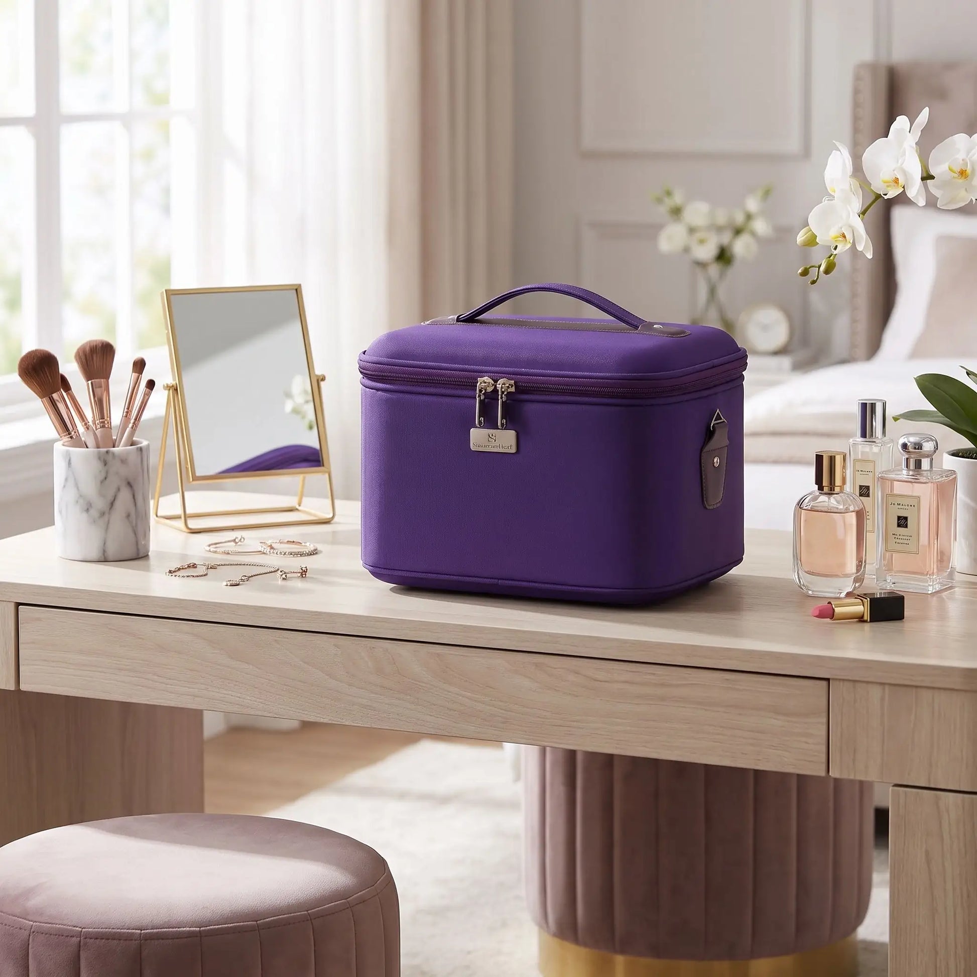 vanity case violet rigide sur bureau cosmétique